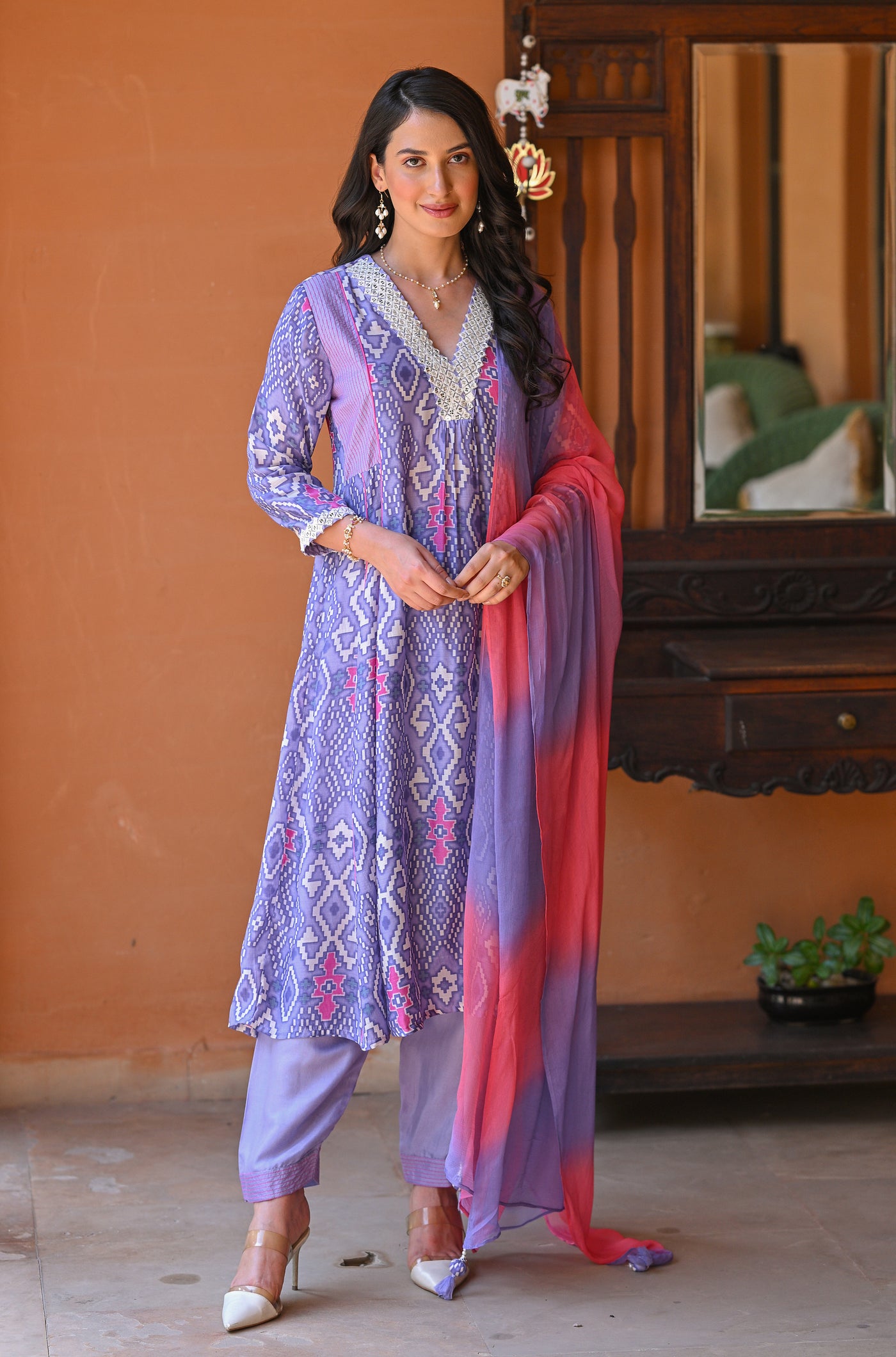 Lavender Pure Muslin Patola Print A line Suit Set with Thread Work on Neck and Shaded Dupatta