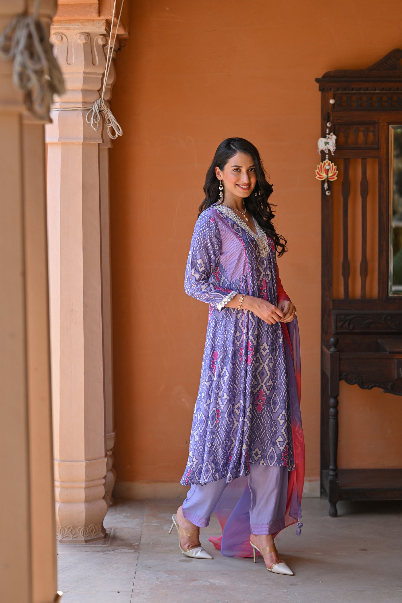 Lavender Pure Muslin Patola Print A line Suit Set with Thread Work on Neck and Shaded Dupatta