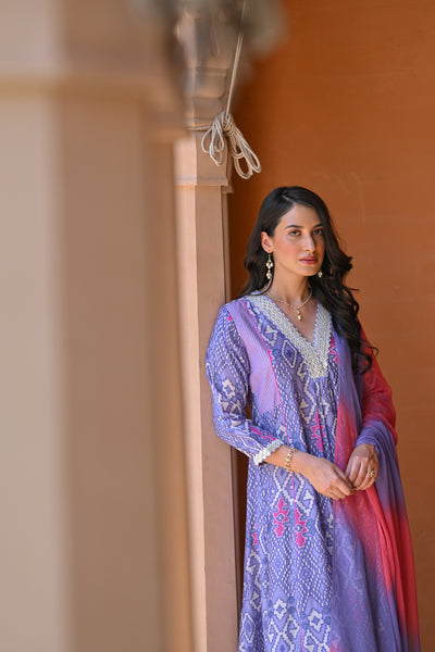 Lavender Pure Muslin Patola Print A line Suit Set with Thread Work on Neck and Shaded Dupatta