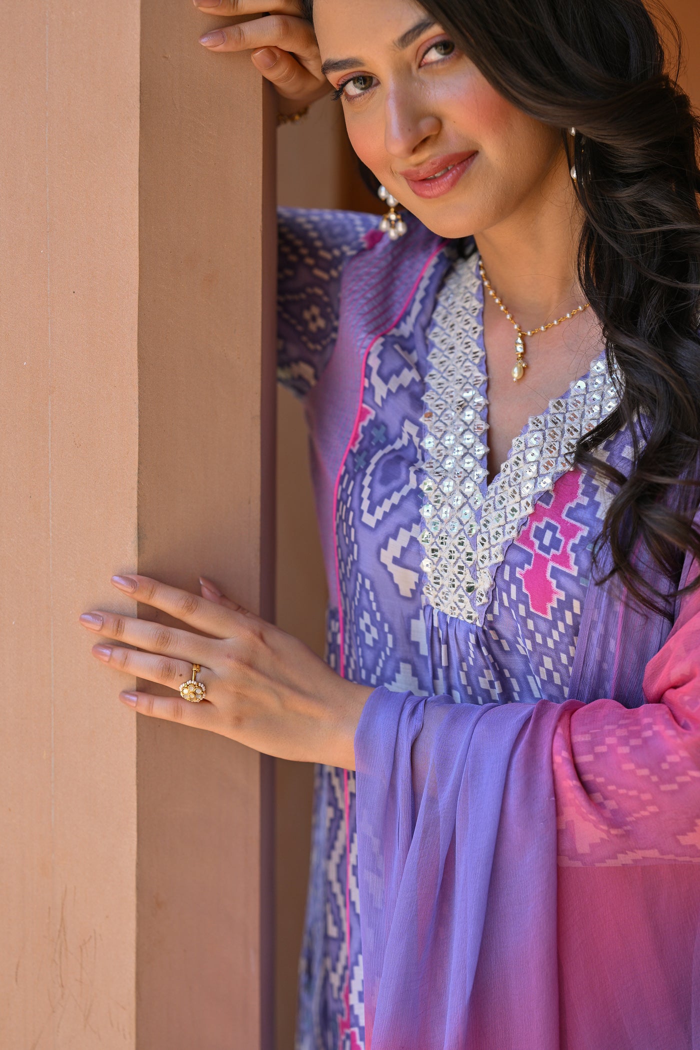 Lavender Pure Muslin Patola Print A line Suit Set with Thread Work on Neck and Shaded Dupatta