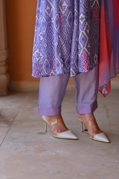 Lavender Pure Muslin Patola Print A line Suit Set with Thread Work on Neck and Shaded Dupatta