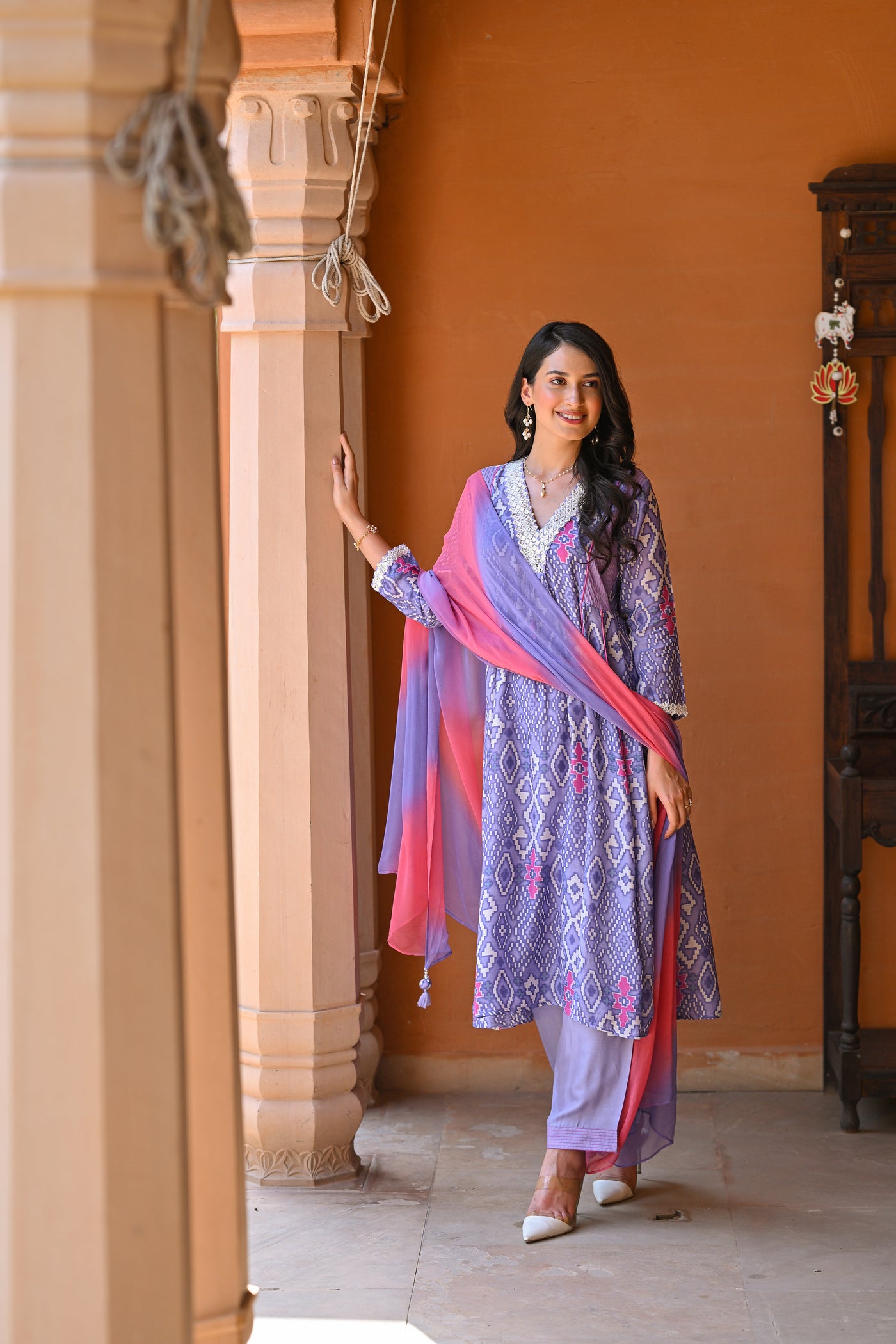 Lavender Pure Muslin Patola Print A line Suit Set with Thread Work on Neck and Shaded Dupatta