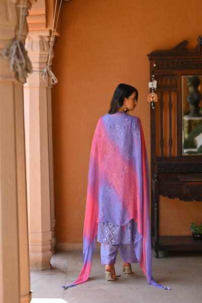 Lavender Pure Muslin Patola Print A line Suit Set with Thread Work on Neck and Shaded Dupatta