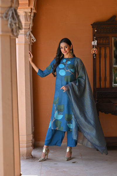 Blue Bloom with Patch and Moti Work Pure Muslin Suit Set