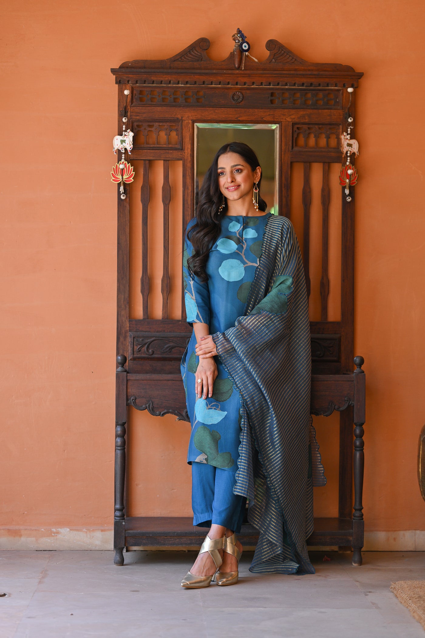 Blue Bloom with Patch and Moti Work Pure Muslin Suit Set