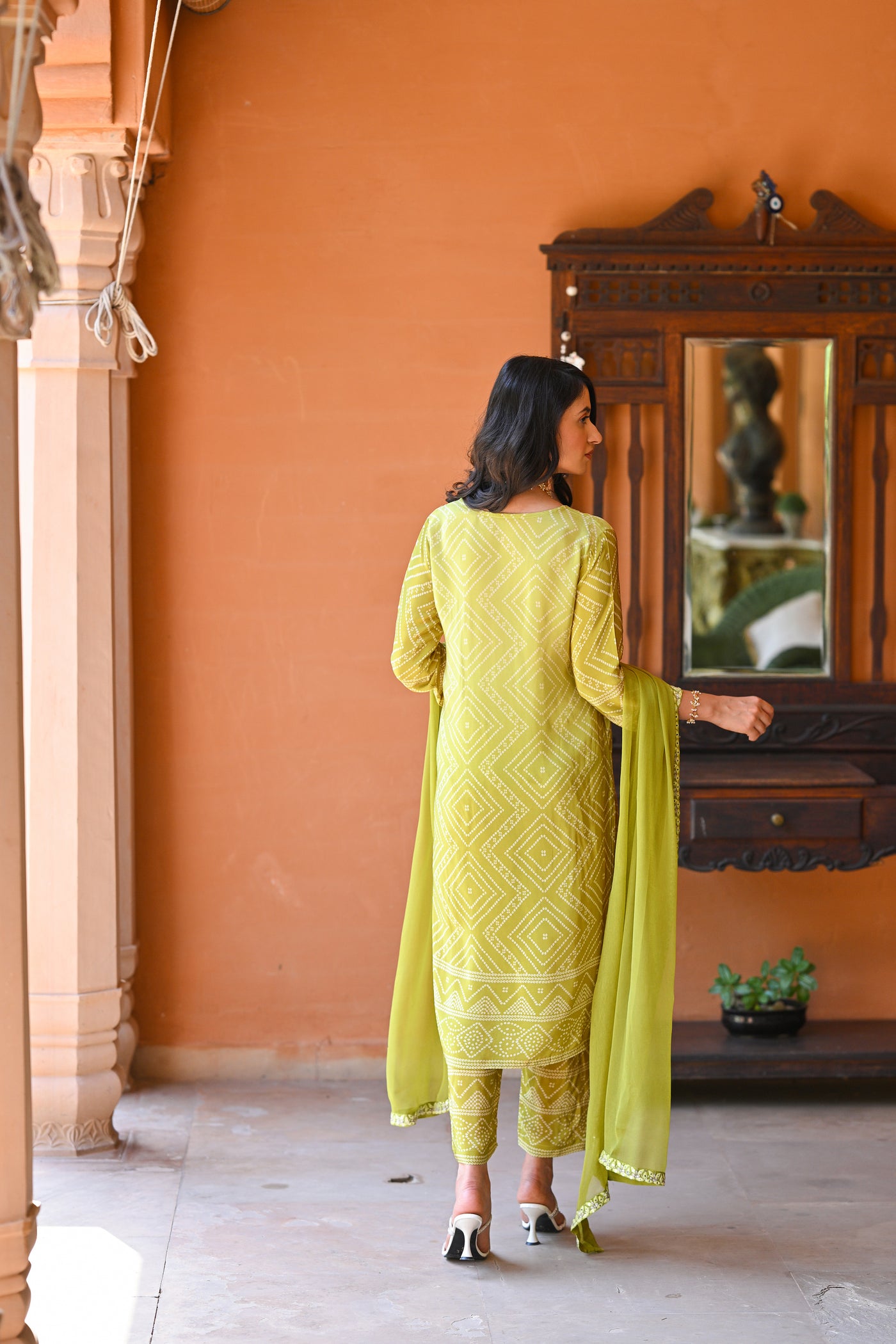 Pear Green Ombre Bandhini Crepe Suit Set