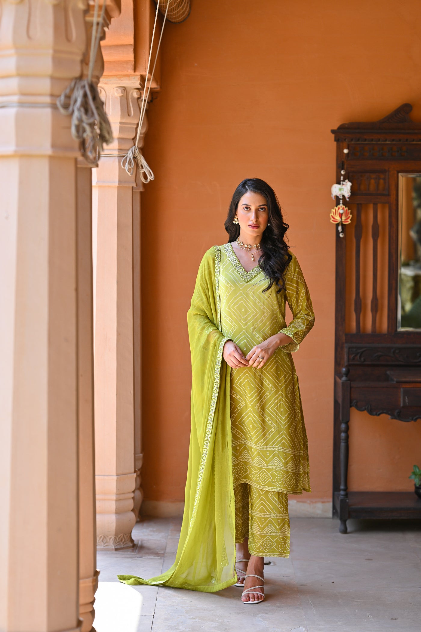 Pear Green Ombre Bandhini Crepe Suit Set