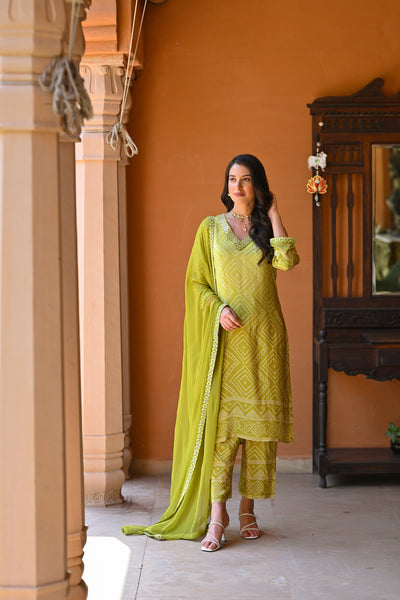 Pear Green Ombre Bandhini Crepe Suit Set