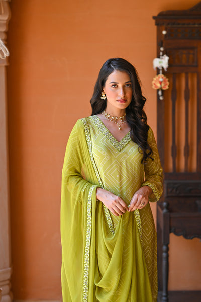 Pear Green Ombre Bandhini Crepe Suit Set