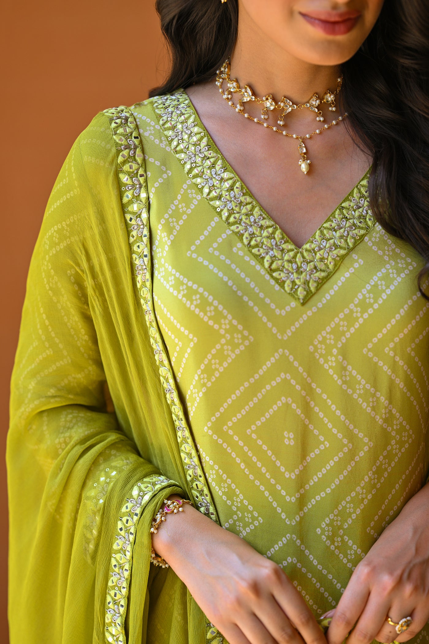 Pear Green Ombre Bandhini Crepe Suit Set