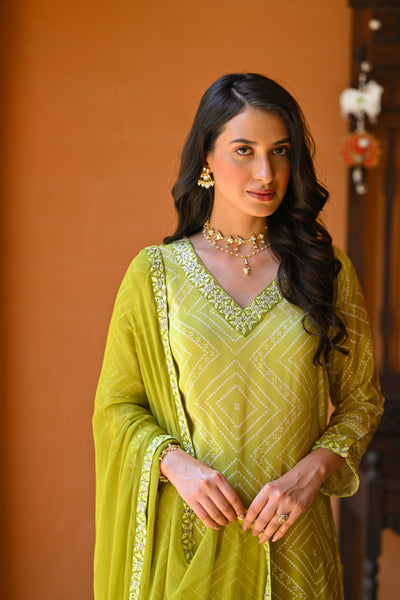 Pear Green Ombre Bandhini Crepe Suit Set