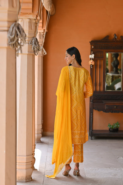 Yellow Ombre Bandhini Crepe Suit Set