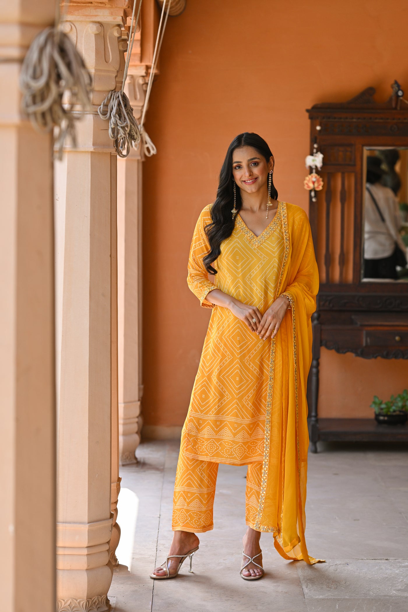 Yellow Ombre Bandhini Crepe Suit Set