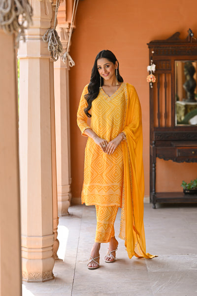 Yellow Ombre Bandhini Crepe Suit Set