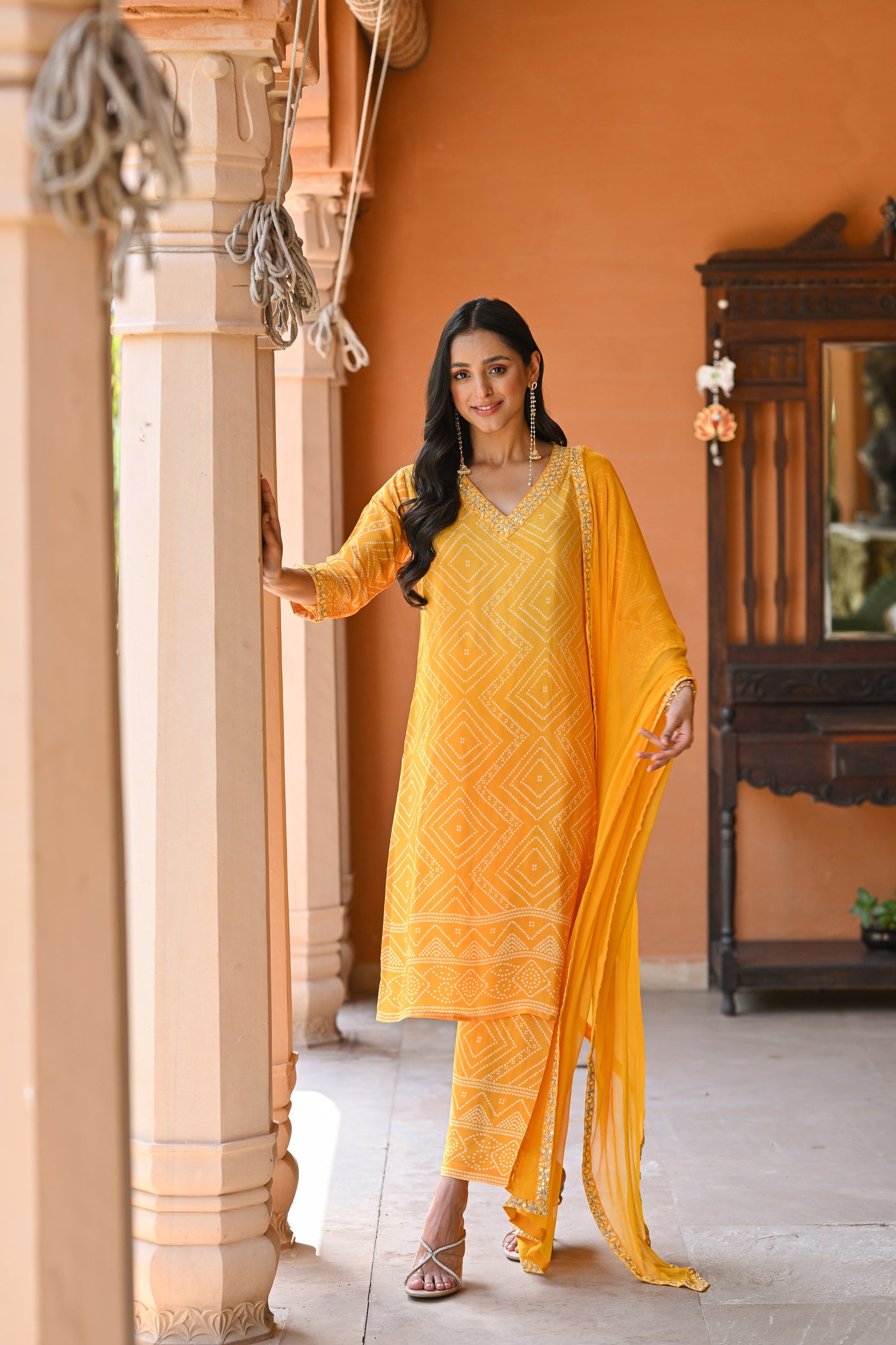 Yellow Ombre Bandhini Crepe Suit Set