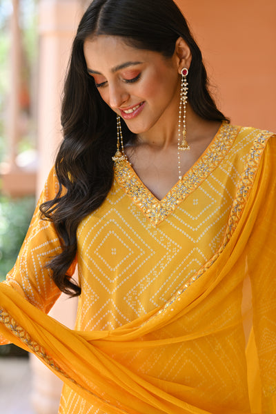 Yellow Ombre Bandhini Crepe Suit Set