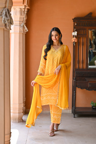 Yellow Ombre Bandhini Crepe Suit Set