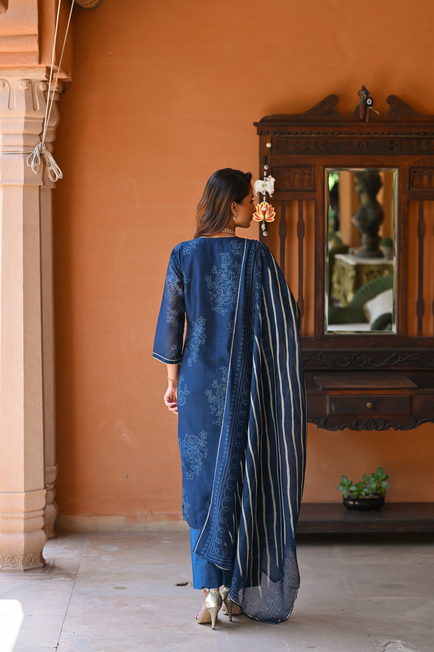 Blue Sufi Bandhani with Lehriya Chanderi Suit Set