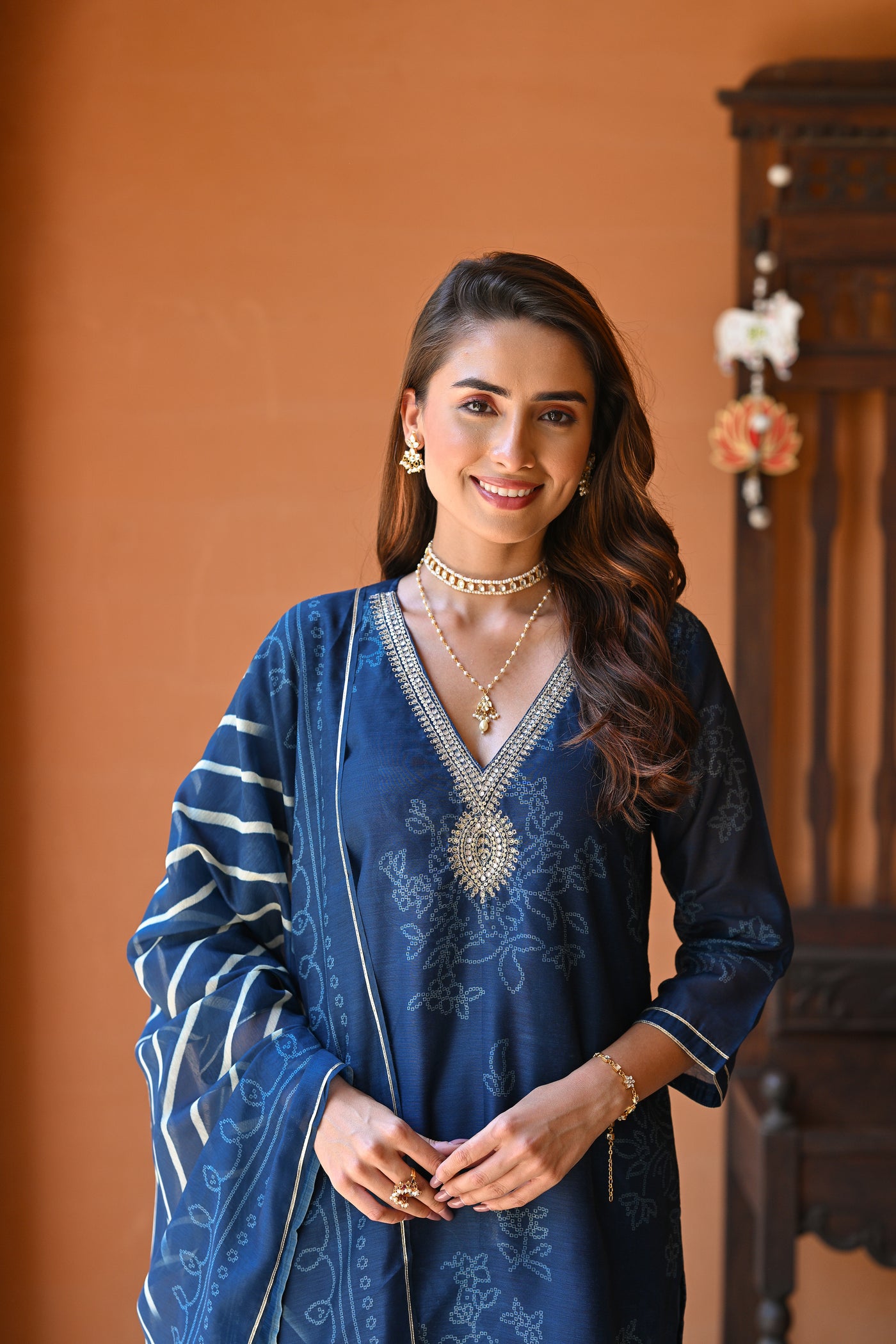 Blue Sufi Bandhani with Lehriya Chanderi Suit Set