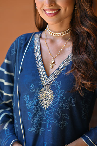 Blue Sufi Bandhani with Lehriya Chanderi Suit Set