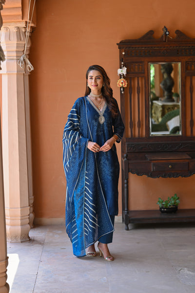 Blue Sufi Bandhani with Lehriya Chanderi Suit Set