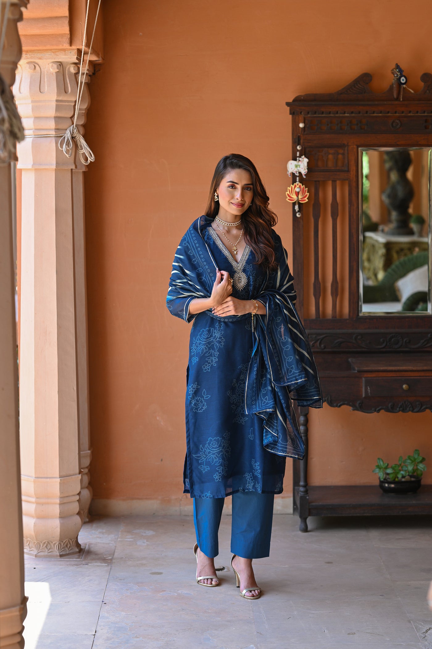 Blue Sufi Bandhani with Lehriya Chanderi Suit Set