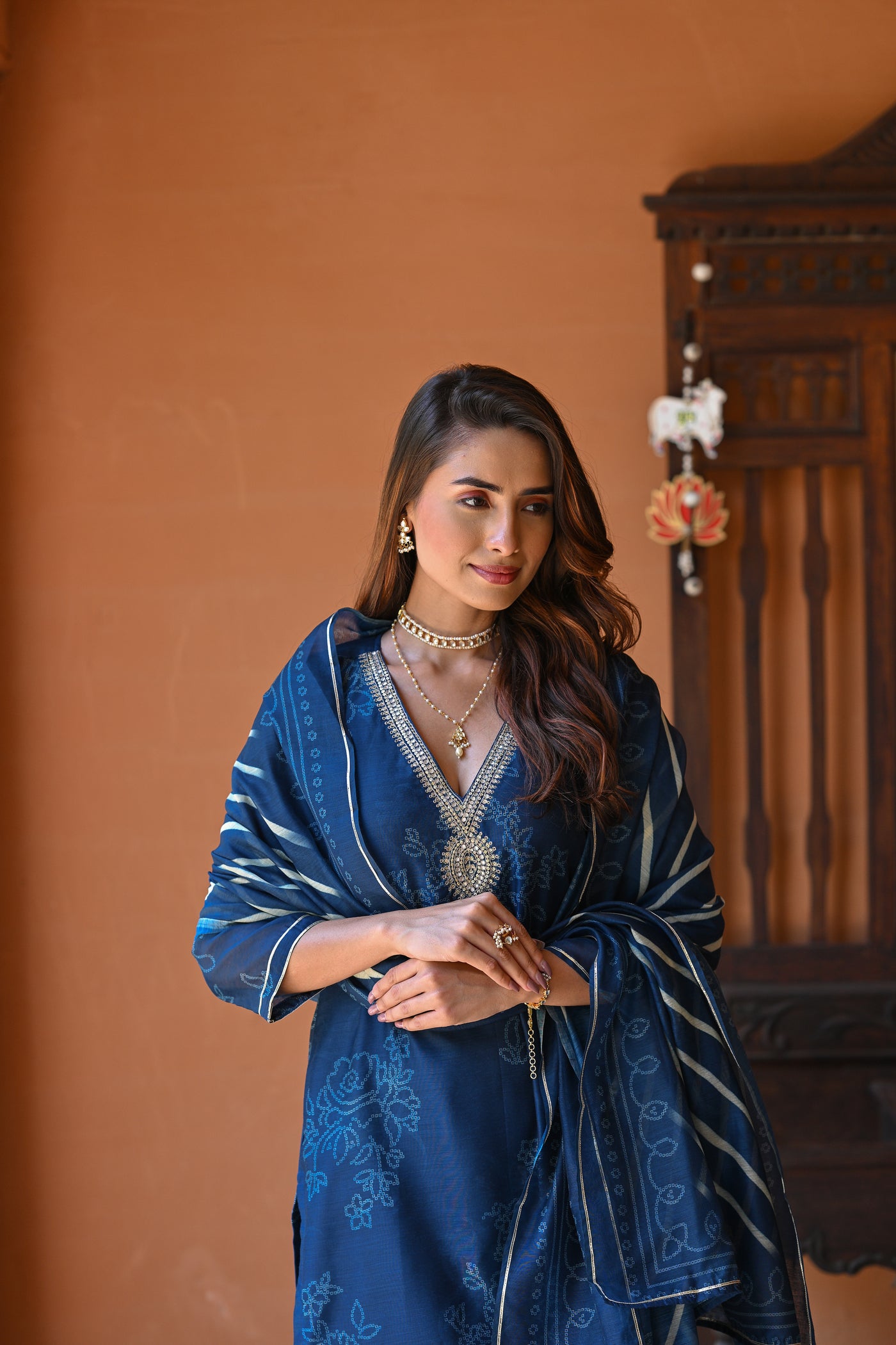 Blue Sufi Bandhani with Lehriya Chanderi Suit Set