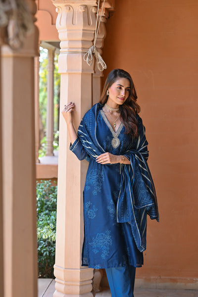 Blue Sufi Bandhani with Lehriya Chanderi Suit Set