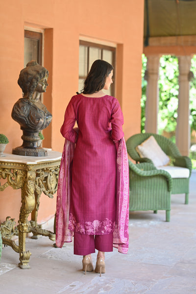 Berry Pink Jashn Block Floral Print Chanderi Suit Set