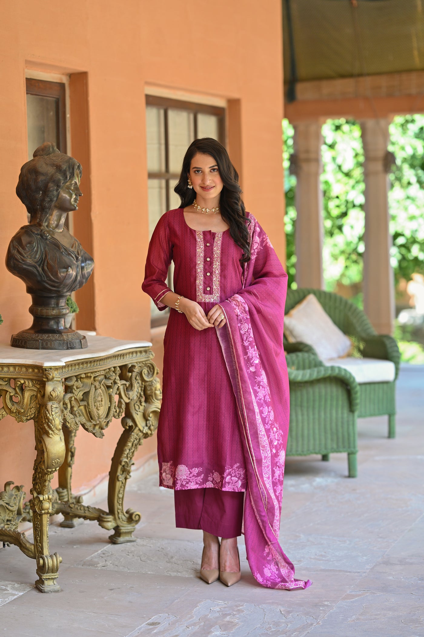 Berry Pink Jashn Block Floral Print Chanderi Suit Set