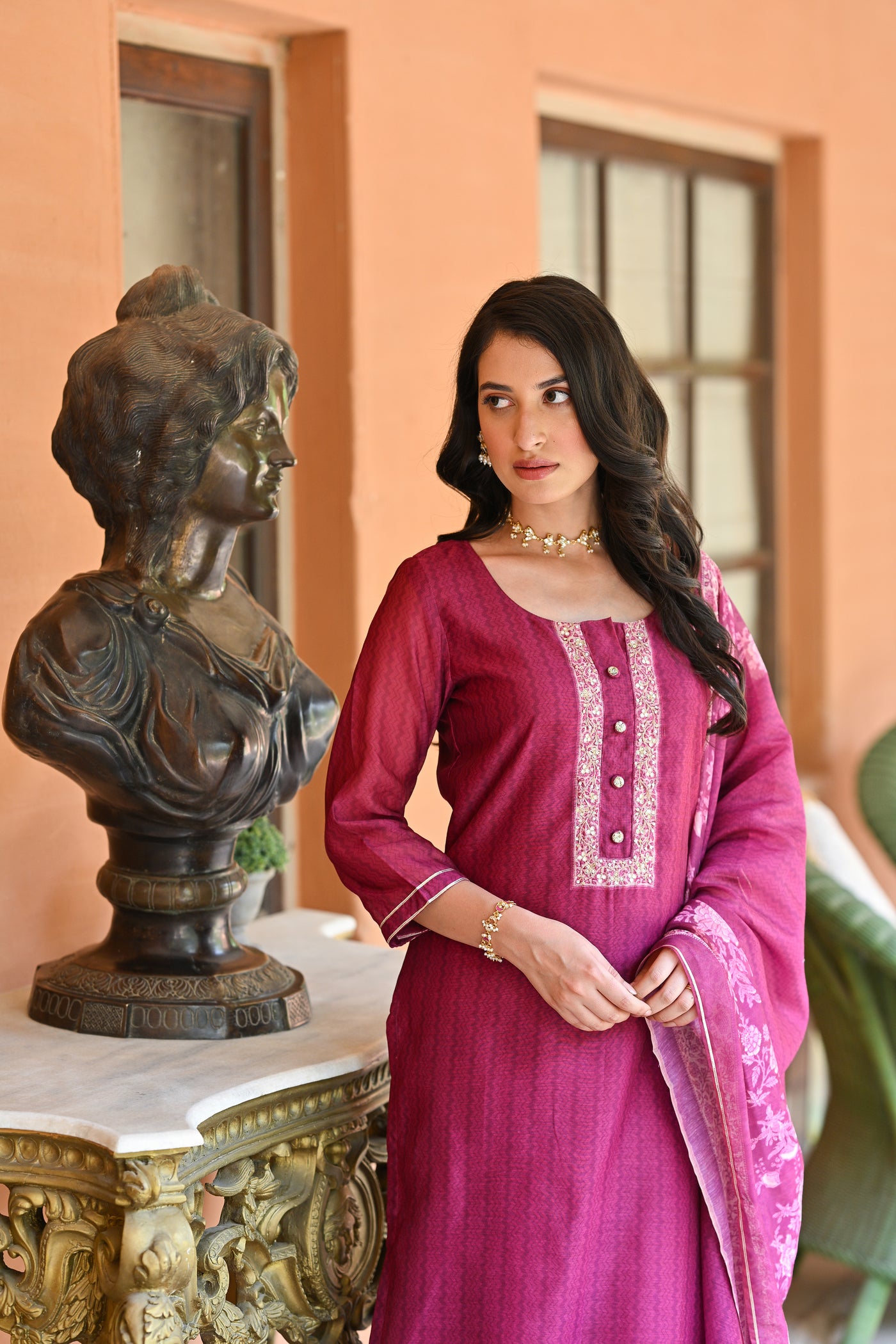 Berry Pink Jashn Block Floral Print Chanderi Suit Set