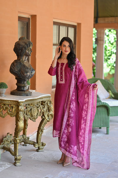 Berry Pink Jashn Block Floral Print Chanderi Suit Set