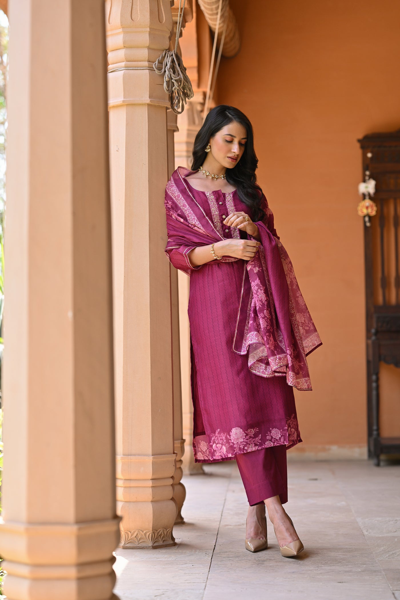 Berry Pink Jashn Block Floral Print Chanderi Suit Set