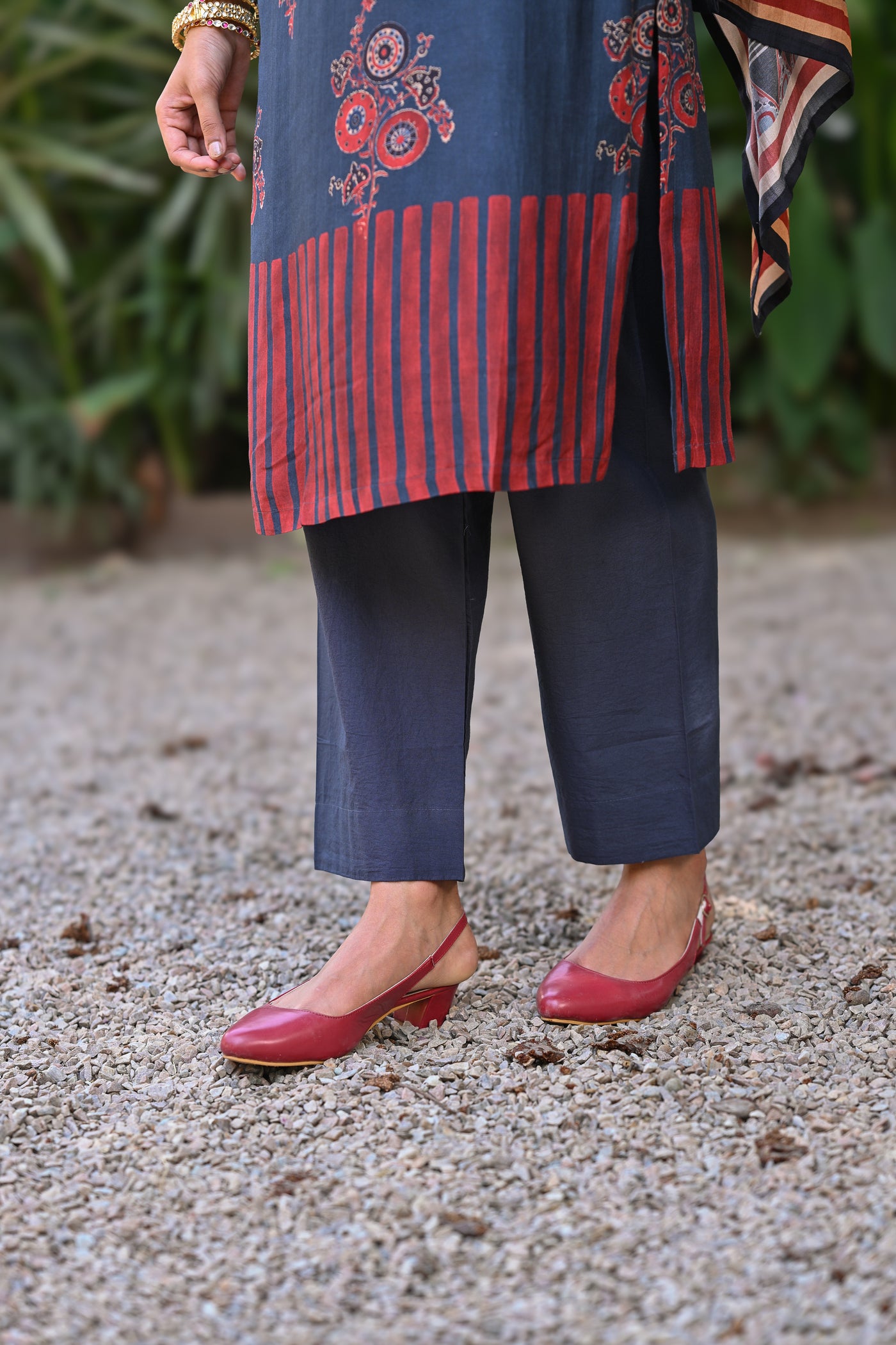 Blue Block Print Muslin Suit Set with Gota, Tari and Sequence Work