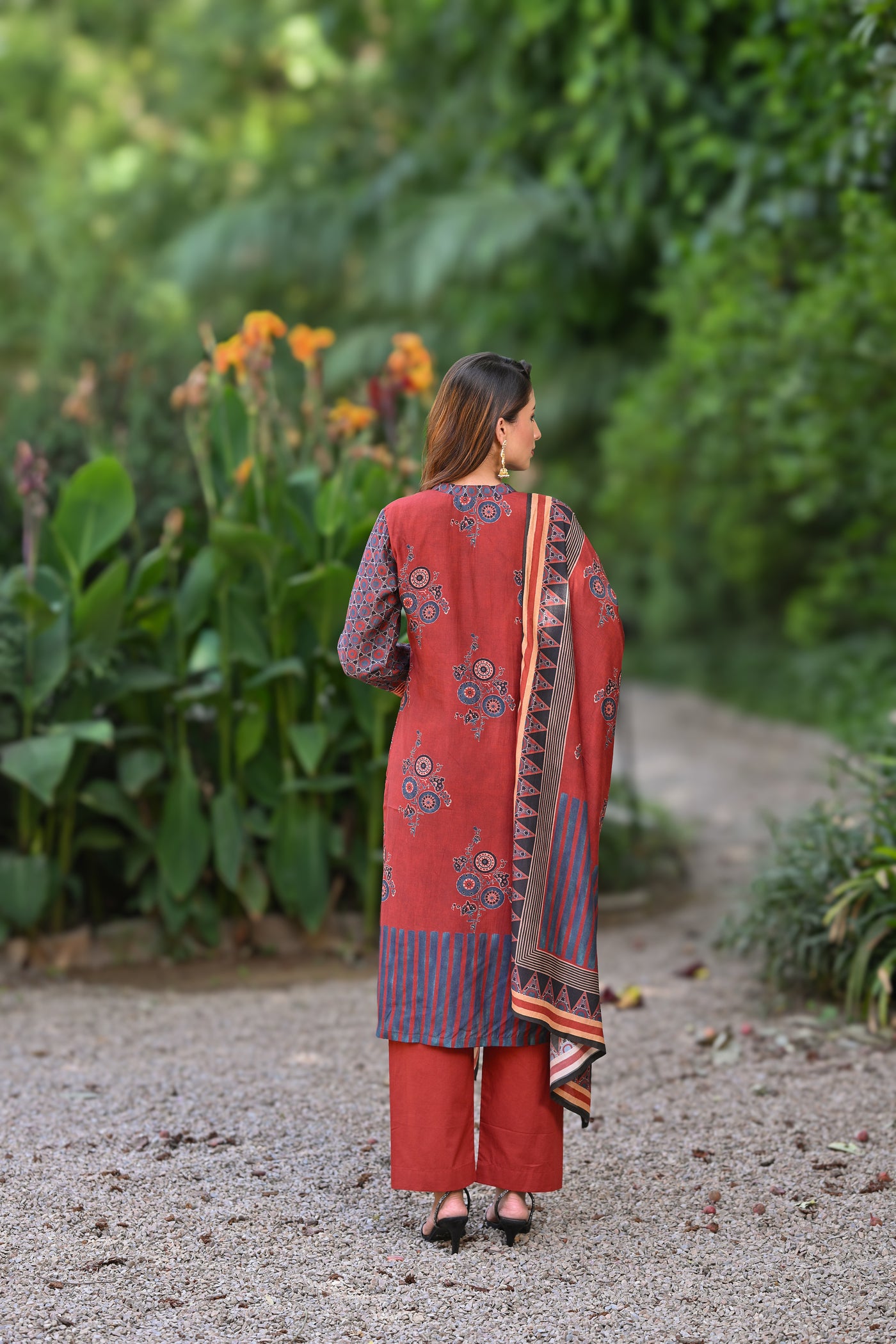 Red Block Print Muslin Suit Set with Gota, Tari and Sequence Work