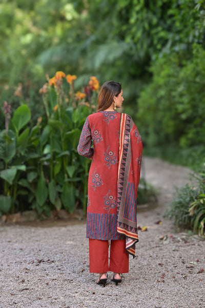 Red Block Print Muslin Suit Set with Gota, Tari and Sequence Work