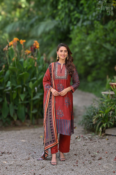 Red Block Print Muslin Suit Set with Gota, Tari and Sequence Work