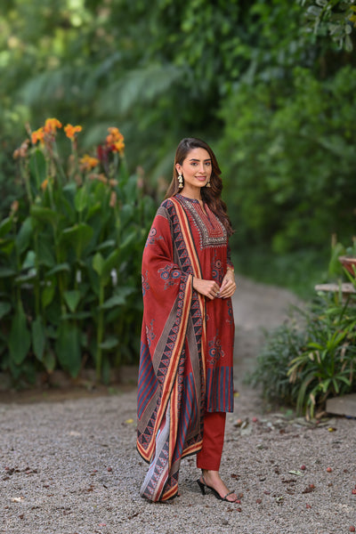 Red Block Print Muslin Suit Set with Gota, Tari and Sequence Work