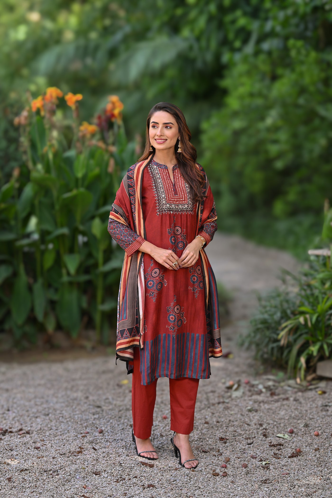 Red Block Print Muslin Suit Set with Gota, Tari and Sequence Work