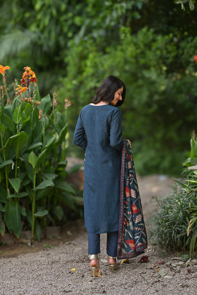 Blue Kalamakari Muslin Suit Set with Gota work on Neck