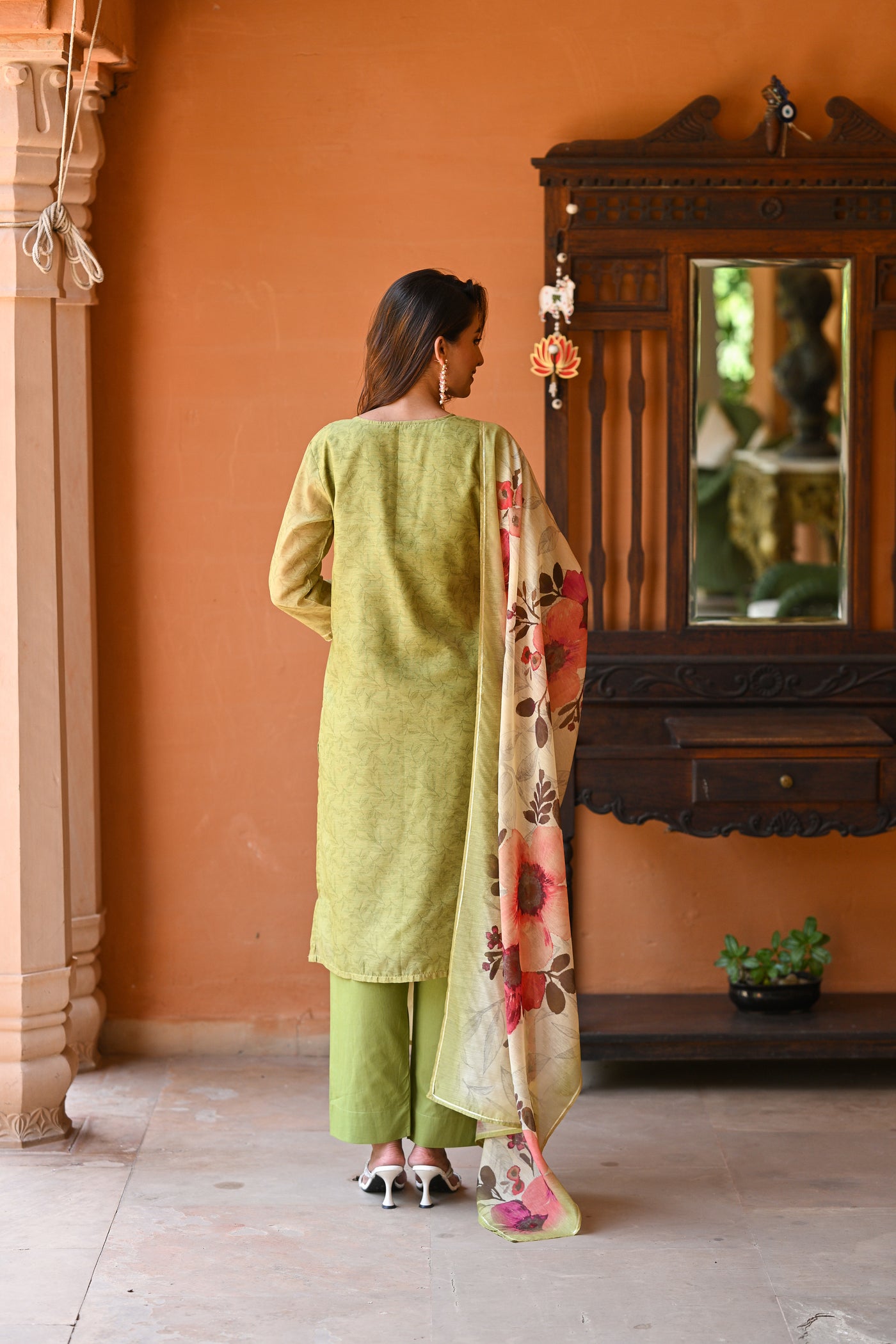 Light Green Chanderi Suit Set with Pearl and Gota Work and Floral Dupatta