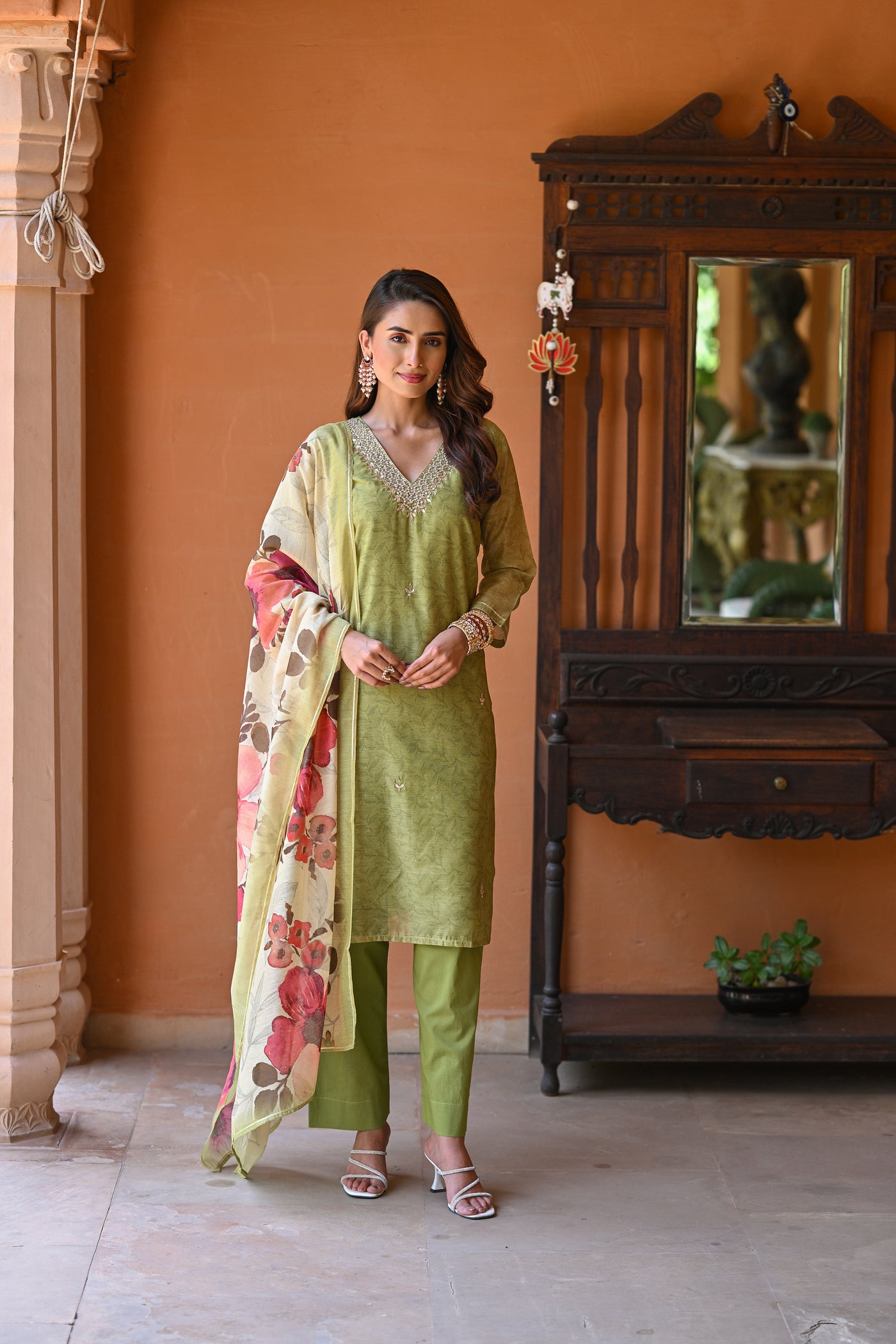 Light Green Chanderi Suit Set with Pearl and Gota Work and Floral Dupatta