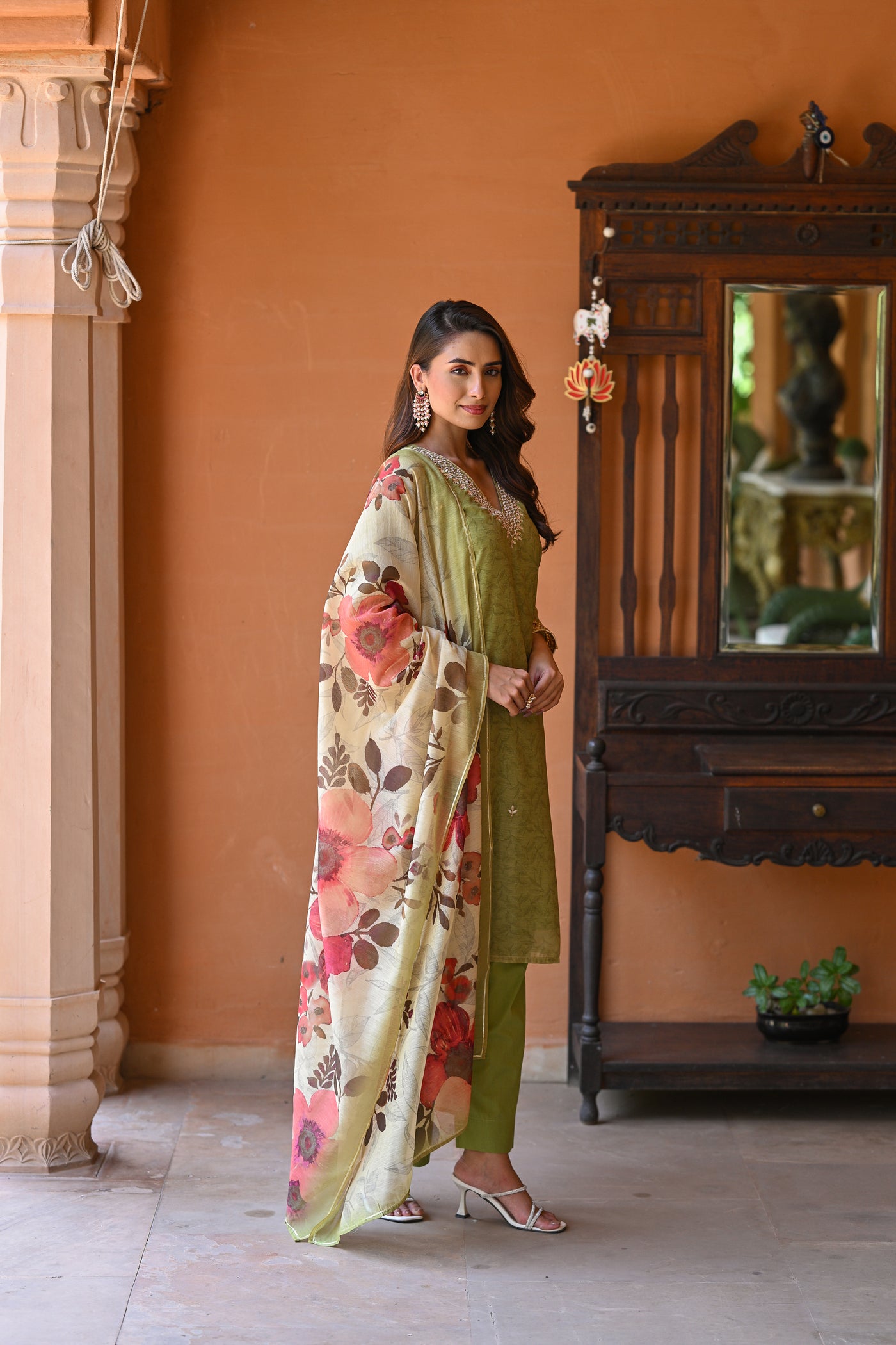 Light Green Chanderi Suit Set with Pearl and Gota Work and Floral Dupatta