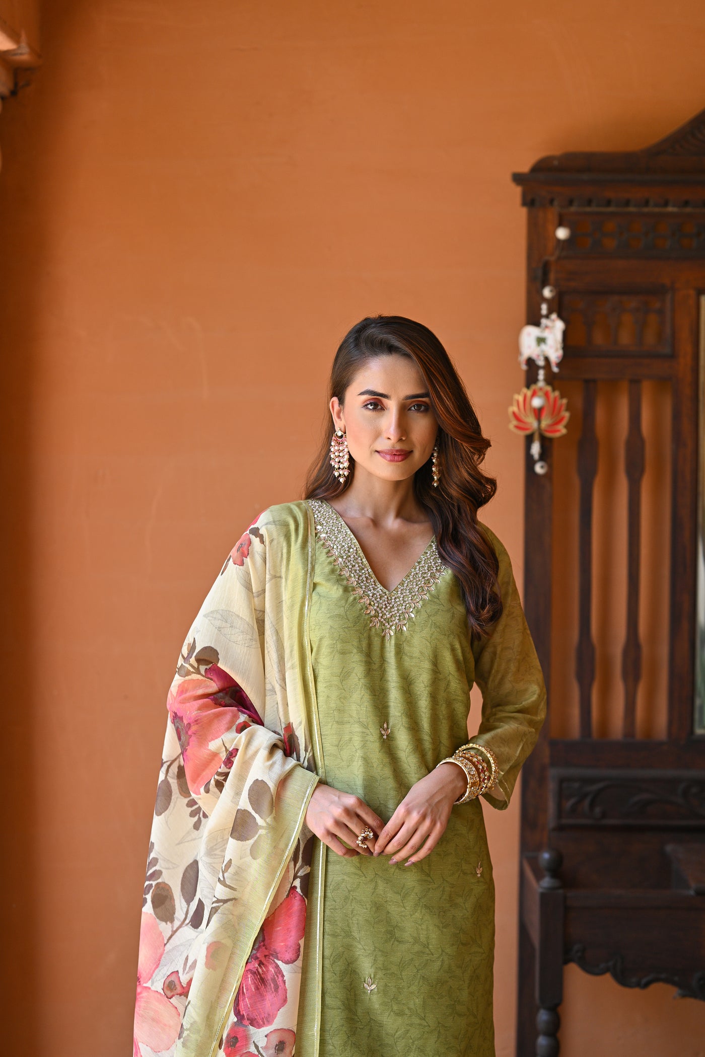 Light Green Chanderi Suit Set with Pearl and Gota Work and Floral Dupatta