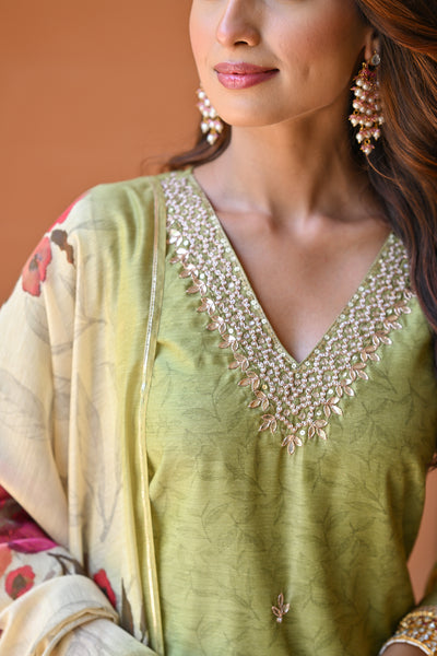 Light Green Chanderi Suit Set with Pearl and Gota Work and Floral Dupatta