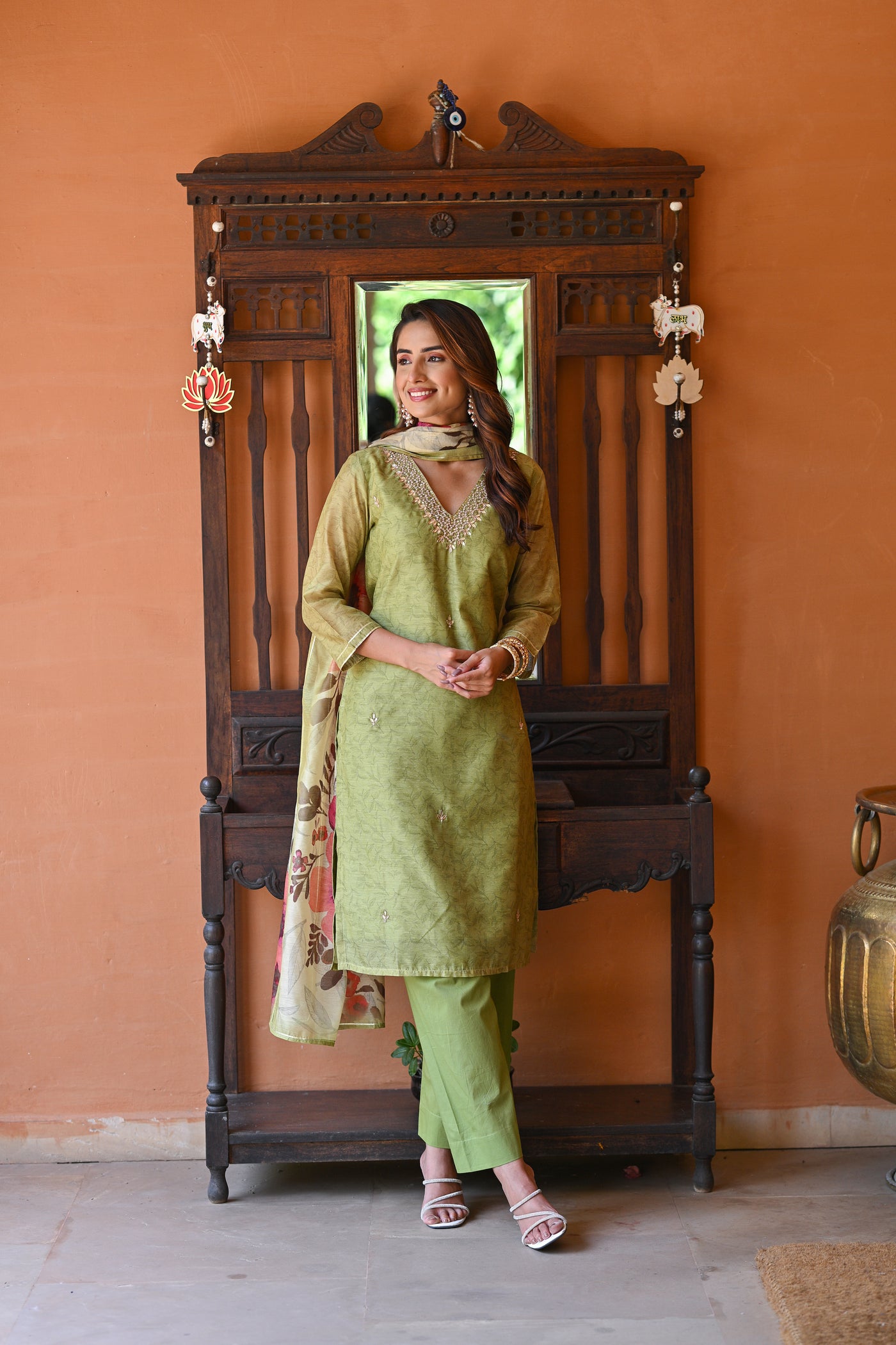 Light Green Chanderi Suit Set with Pearl and Gota Work and Floral Dupatta