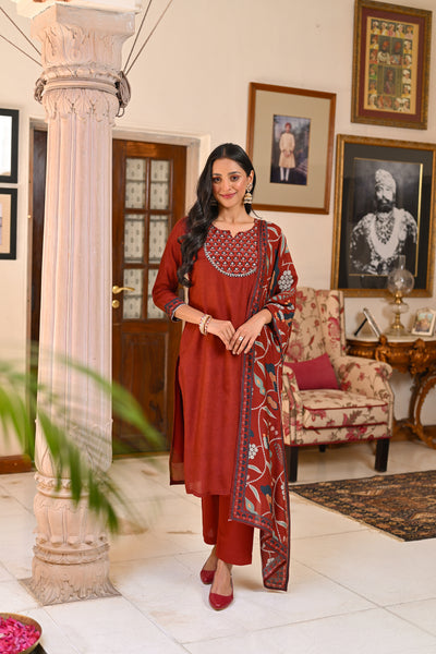 Rustic Red Kalamakari Muslin Suit Set with Gota work on Neck