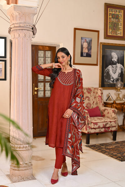 Rustic Red Kalamakari Muslin Suit Set with Gota work on Neck