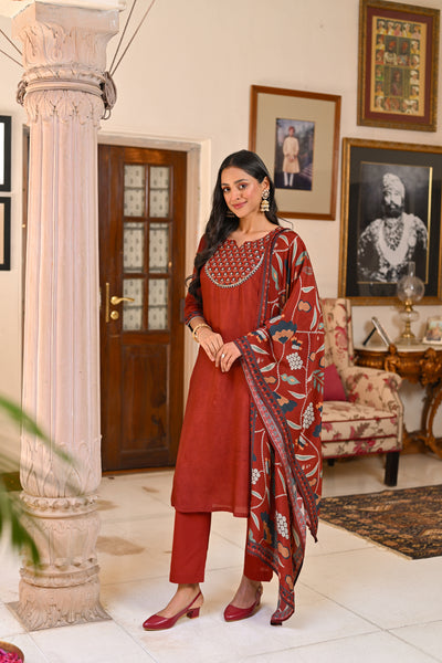 Rustic Red Kalamakari Muslin Suit Set with Gota work on Neck