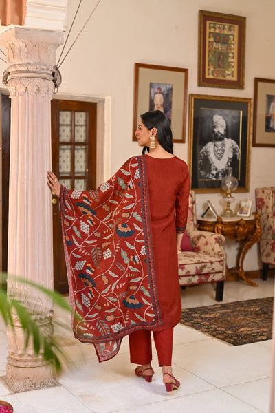 Rustic Red Kalamakari Muslin Suit Set with Gota work on Neck